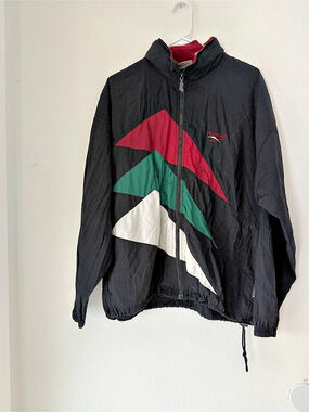 Vintage Reebok Windbreaker Jacket Black Zull Zip Hooded 90s Size M